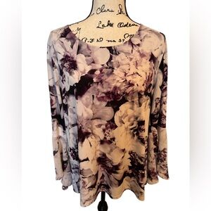 Calvin Klein Women’s Floral Print Women's 3/4 Sleeve Top Purple White XL EUC